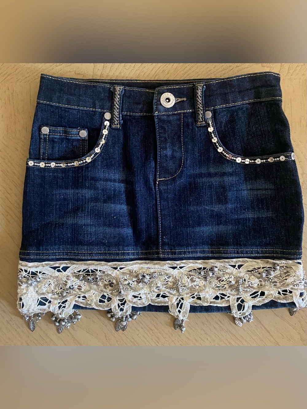 Vanilla Star Y2K Dark Denim Mini Skirt Lace, Rhinestone & Beaded Trim Appliqués